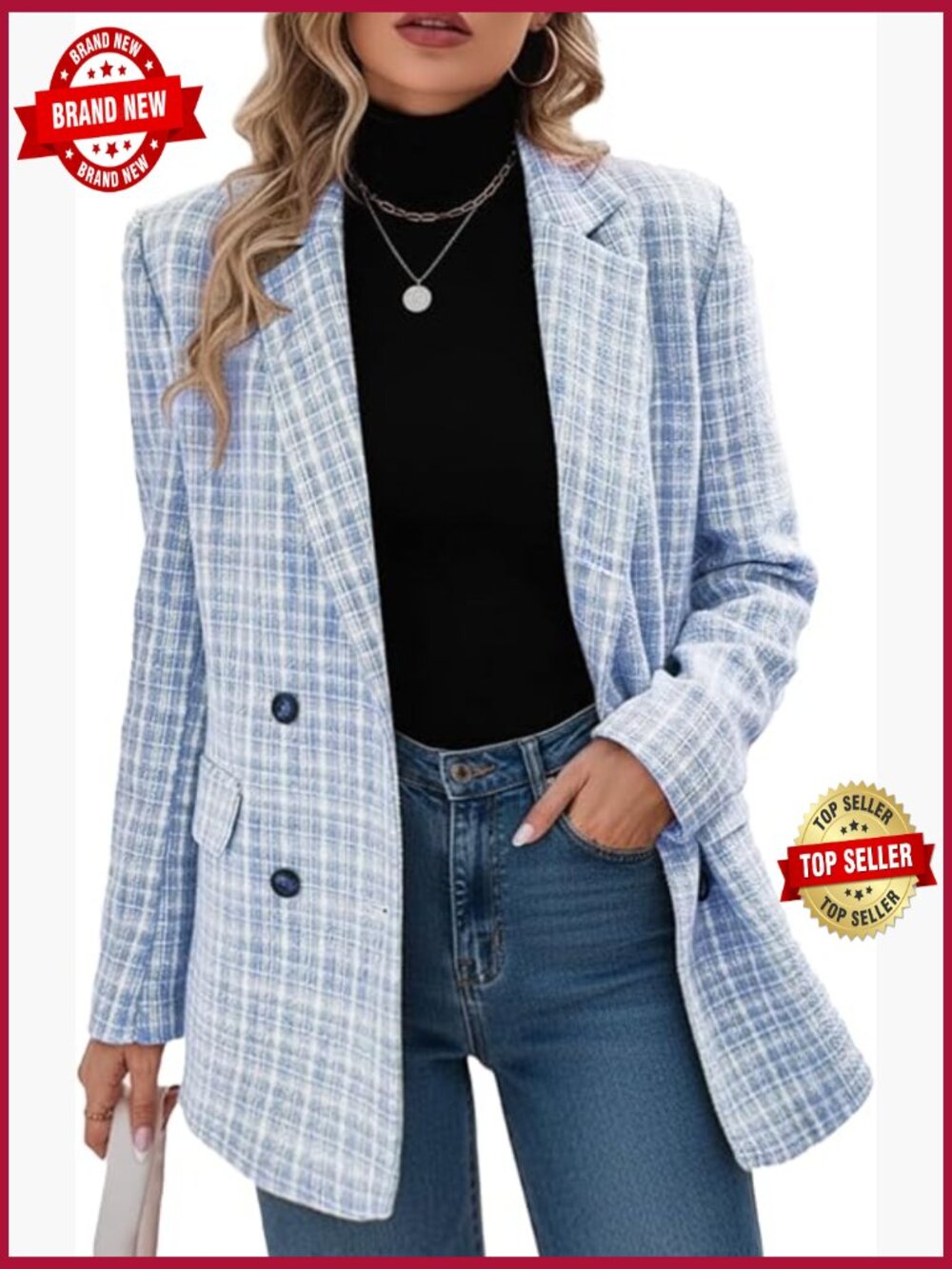Plaid Tweed Blazer Jacket Open Front Business Casual Work Office Coat